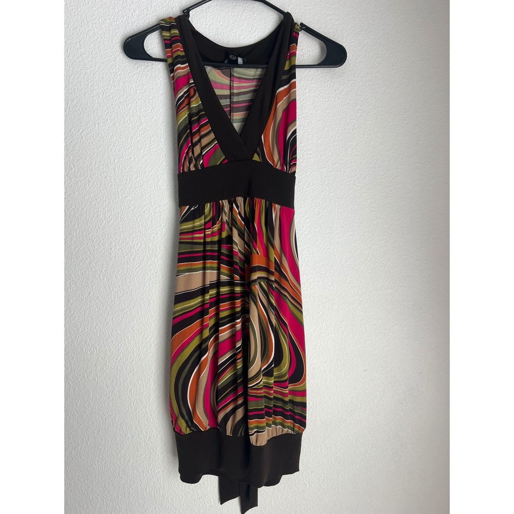 iz byer California‎ Dress L Brown Pink Green Abstract Print Sleeveless Tank